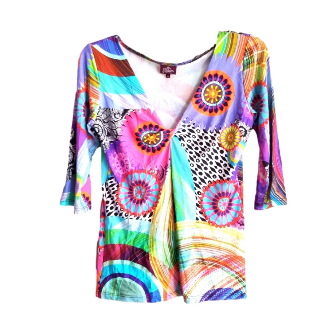 Vintage Y2k Twist Neck Mixed Pattern 3/4 Length Maximalist Top size Medium